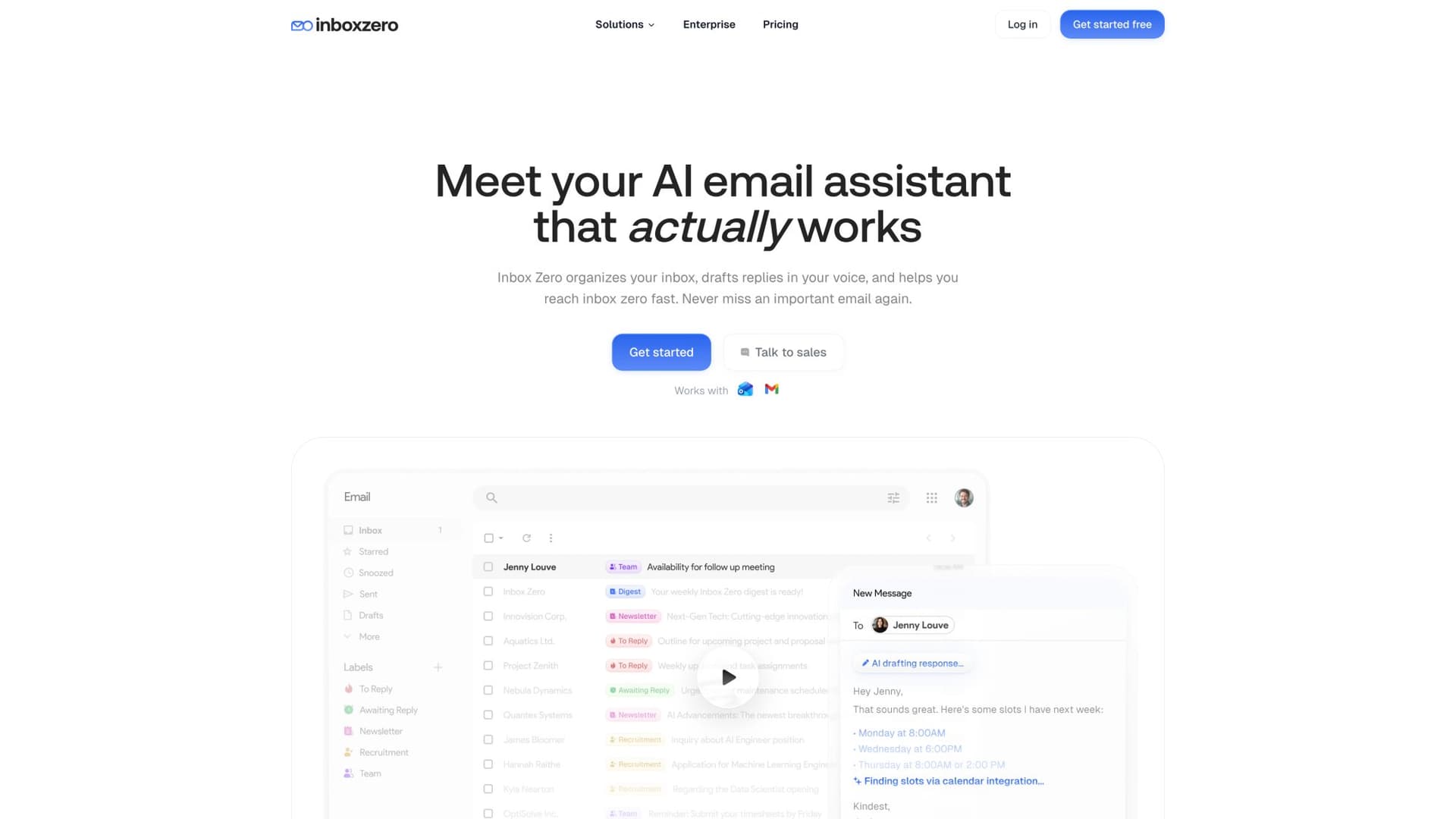 Inbox Zero homepage showcasing AI-powered email management platform with analytics dashboard preview, automation features, and productivity tools for optimizing email timing