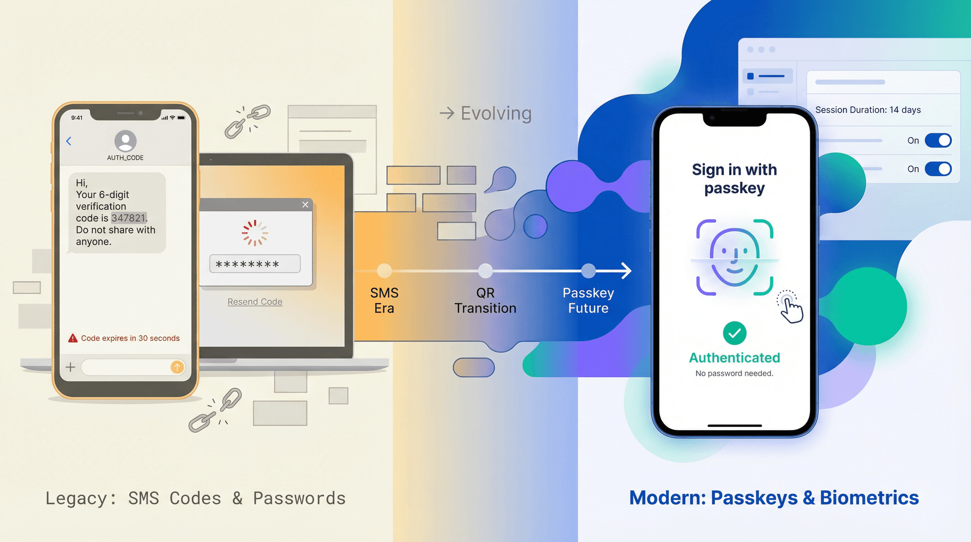 Visual progression from legacy authentication methods (SMS codes, repetitive password prompts) to modern authentication (passkeys with biometric verification, policy-based trust)