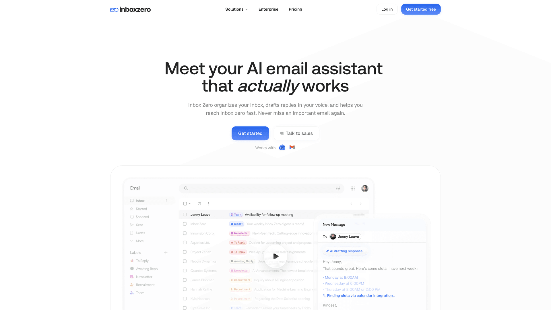 Inbox Zero AI email assistant homepage showing automated email management features and integration capabilities